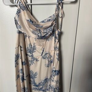 Sleeveless Cowl Neck corset style tie strap Blue Floral Dress - Women's